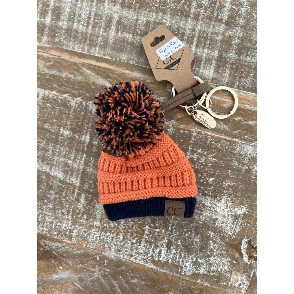 C.C Exclusives Pom Pom Orange Beanie Cap Hat Keychain w/ Gold Tone Key Ring‎